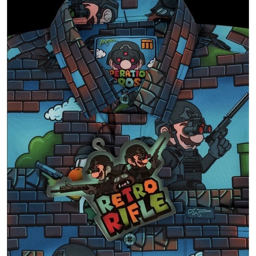 Retro Rifle "Operation Bros" Mario‎ Theme Button Down Shirt -  Men's- XL Tall